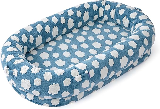 Lesure Human Dog Bed for Adult - Calming Human Size Dog Bed with Egg Foam Supportive Mat and Storage Pocket, Cute Modern Pet Beds with Jacquard Shaggy Plush & Anti Slip Bottom 55x37x10, Blue