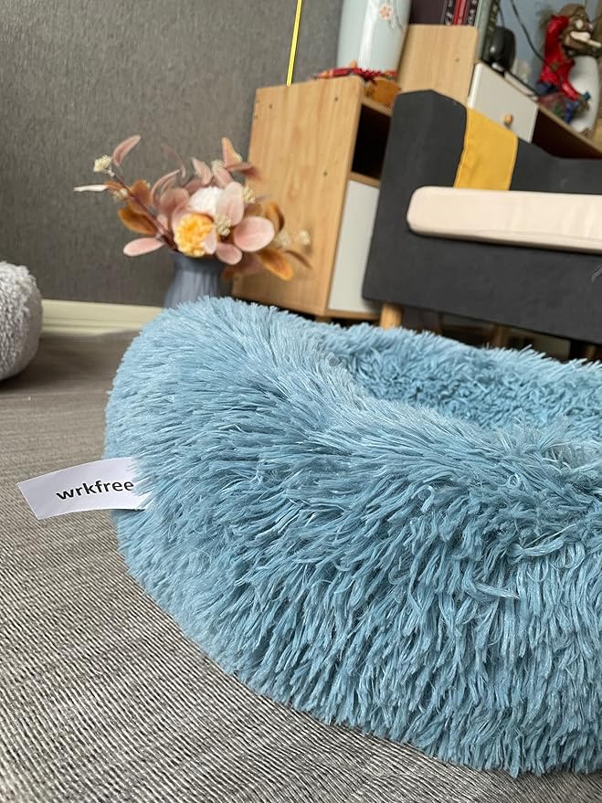 Comfy Calming Dogs Bed for Deep Sleep Small Puppy ，Puppy Bed with Fluffy Donut is for Anxiety Small Dogs，19" Round Soft Faux Fur Pet Bed for Small Dogs Under 15 lbs Machine Washable Blue