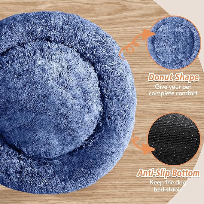 JOLLYVOGUE Small Dog & Cat Beds for Indoor Cats, Donut Cuddler Warming Soft Dog Beds with Anti-Slip Bottom, Round Calming Fluffy Plush Faux Fur Cushion Bed for Small Dogs (23", Navy Blue)