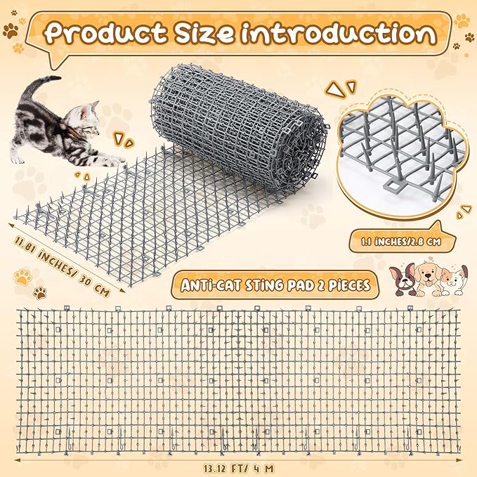 Sanwuta 2 Pcs 26.3 ft Cat Spike Mat Outdoor Cat Deterrent Mat with Spikes Prickle Strips Indoor Dog Digging Deterrent Anti Network Spikes with 10 Staples for Garden Fence(Gray)