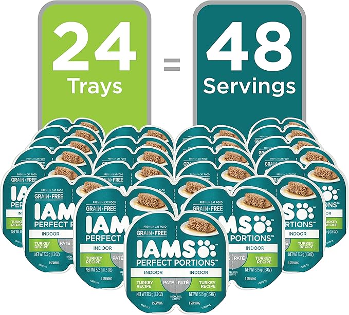 IAMS Perfect Portions Indoor Adult Grain Free Wet Cat Food Pate, Turkey Recipe, 2.6 oz. Twin-Pack Trays (24 Count, 48 Servings)