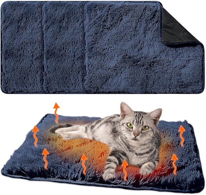 4 Pack Self Warming Cat Bed Pad Self Heating Cat Dog Mat with Fluffy Faux Fur Plush Cat Calming Bed Thermal Cat Mat Washable Pet Pad Anti Slip Bottom for Outdoor Indoor Pets 16" x 20"