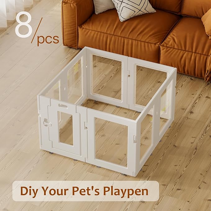 Clear Acrylic Dog Playpen Indoor, Puppy Cat Small Pet Play Pen, Easy Assemble & Disassemble Sturdy Plastic Dog Fence with Heavy Duty Door Lock (24In H, 8PCS), White
