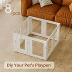 Clear Acrylic Dog Playpen Indoor, Puppy Cat Small Pet Play Pen, Easy Assemble & Disassemble Sturdy Plastic Dog Fence with Heavy Duty Door Lock (24In H, 8PCS), White