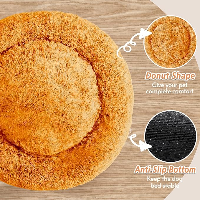 JOLLYVOGUE Calming Dog & Cat Bed for Small Dogs, Anti-Anxiety Donut Cuddler Cozy Soft Round Bed with Anti-Slip Bottom, Fluffy Faux Fur Plush Cushion Beds for Small Medium Pets (20")
