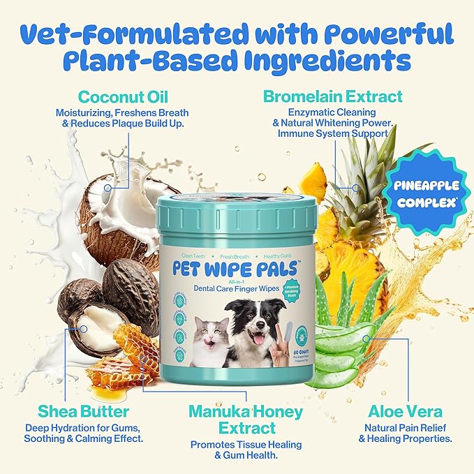 All-in-1 Dog Teeth Cleaning Wipes | Enzymatic Whitening + Micro Scrubbing Beads | No Mess, Pet Dental Wipes & Finger Tooth Brushing Kit | Plant-Based Dental Care for Cats & Dogs (60 Count)