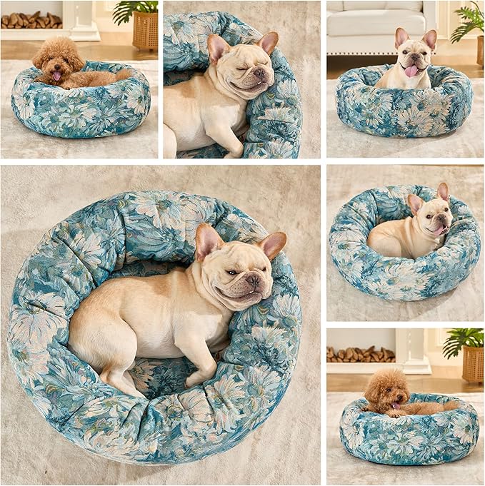 Dog Calming Beds for Small Medium Large Dogs - Round Donut Washable Puppy Dog Bed, Anti-Slip Faux Fur Fluffy Donut Cuddle Anxiety Cat Pet Bed (36" Flower)