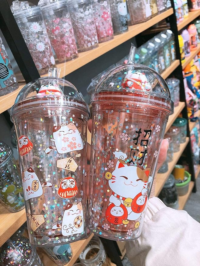 Cat Drink Cups with Straw Travel Tumblers Cups Cartoon Party Cup Ice Coffee Mug Water Bottle Birthday Gift (pink cat, 430ml cat)