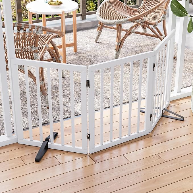 Semiocthome Bamboo Freestanding Dog Gates for Doorways,3-Panel Indoor Puppy Gates for the House with 2 Metal Stands,24"H Folding Pet Gate for Stairs Expands Up to 55"W Fully Assembled Stair Gate White