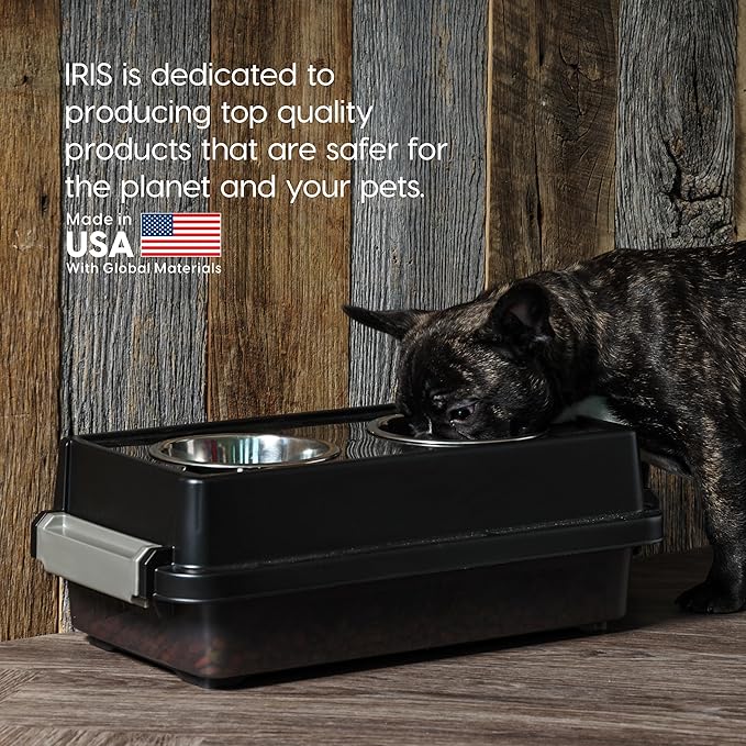 IRIS USA 2-in-1 Elevated Dog Bowls 6" H with Airtight Pet Food Storage Container Holds Up to 5 Lbs, Removable 4 Thick 16 oz Stainless Steel Bowls, at Home or Camping Pet Dish Bowl Set, Smoke/Black