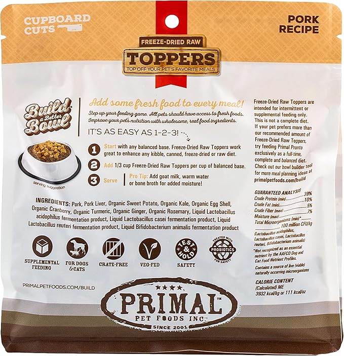 Primal Dog Food Toppers & Cat Food Toppers, Cupboard Cuts, Grain Free Meal Mixers with Probiotics, Raw Freeze Dried Dog Treats & Cat Treats, Great for Training (Pork, 3.5 oz)