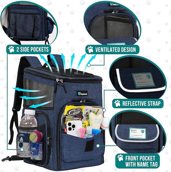 PetAmi Dog Backpack Carrier, Airline Approved Cat Backpacks for Carrying Small Large Cats, Pet Carrier Back Pack, Ventilated Soft Sided for Travel, Hiking, Camping, Max 18 lbs, Navy