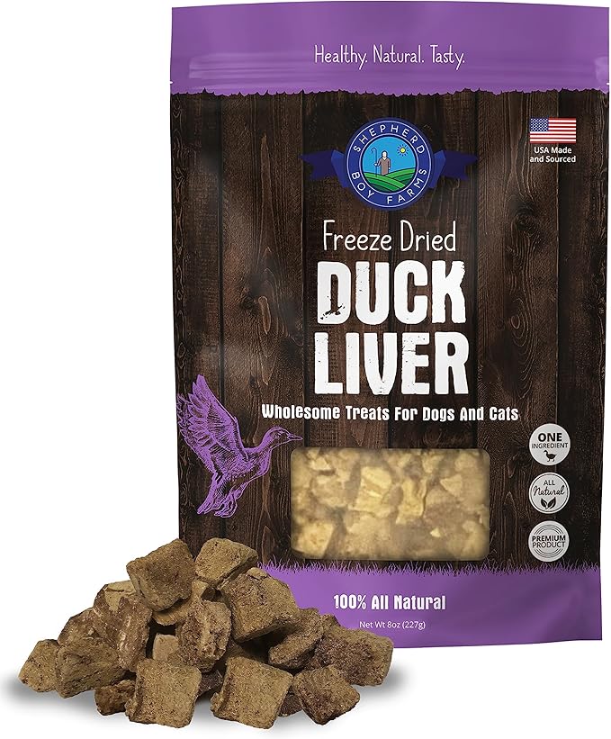 Freeze Dried Dog and Cat Treats, Duck Liver, All Natural Single Ingredient Freeze-Dried Dog Treat & Snacks, Made in USA, High Protein, Essential Nutrition of Raw Food, 8oz