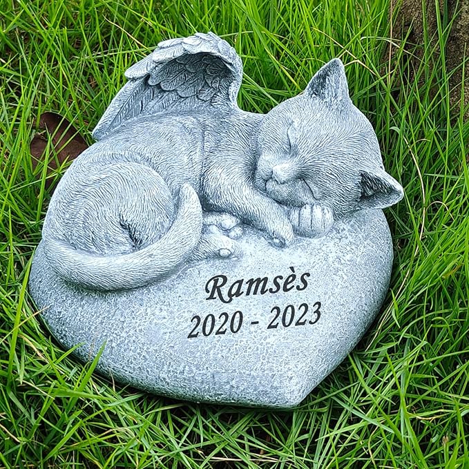 Personalized Cat Memorial Garden Statue, Angel Design, Pet Grave Marker with Engraved Name and Date