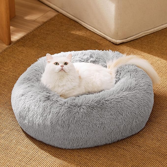 Bedsure Calming Cat Beds for Indoor Cats - Small Cat Bed Washable 20 inches, Anti-Slip Round Fluffy Plush Faux Fur Pet Bed, Fits up to 15 lbs Pets, Pale Grey