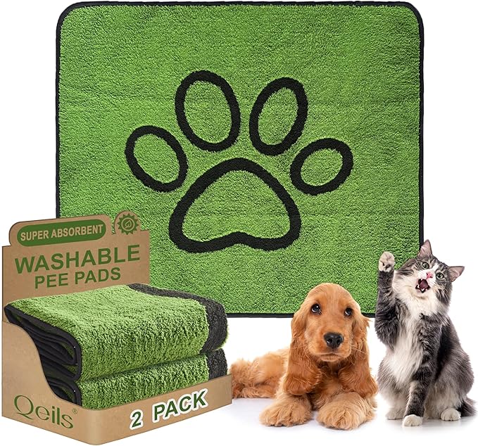Qeils Reusable Dog Pee Pads, 2 Pack Super Absorbent & Leakproof Washable Puppy Pads with Soft Green Top Layer, for Potty Training, Crates, Couch, Car Seats & Pet Beds, 31"x 36"