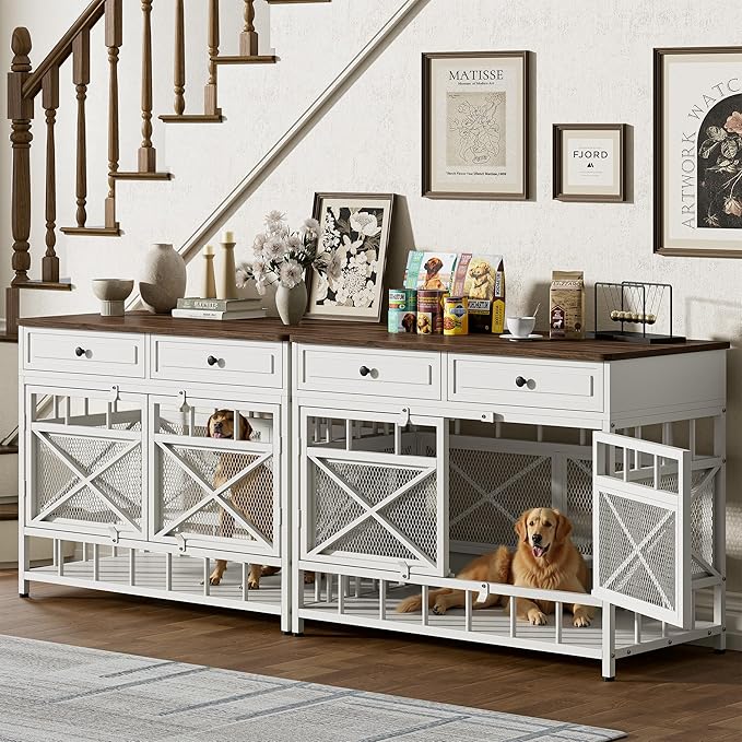 IRONCK 44 inch Large Dog Crate Furniture, Wooden Dog Kennel with Storage Drawers for Medium/Large Dogs, Decorative Dogs Kennel Indoor, White and Walnut