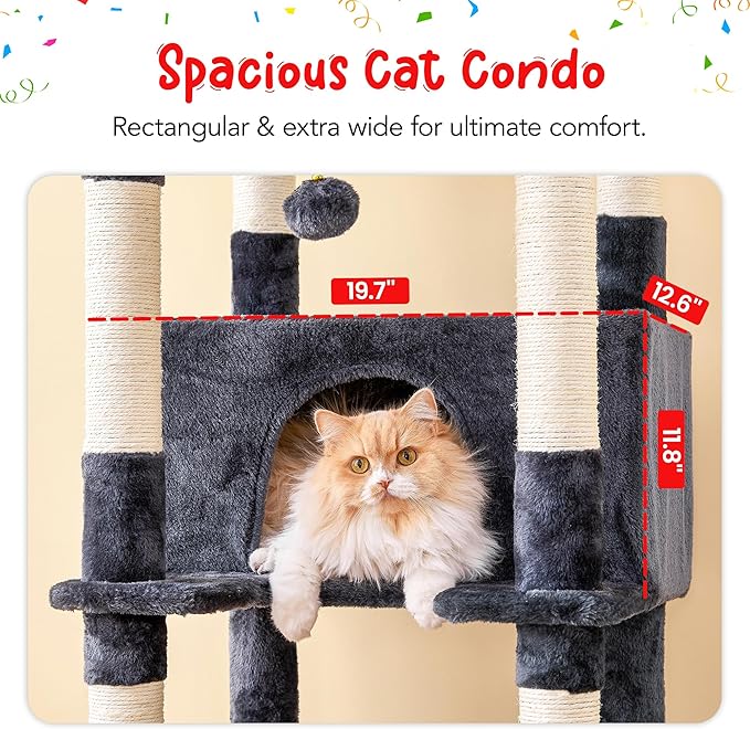77-Inch Tall Cat Tree for Indoor Cats, Multi-Level Large Cat Tower with 4 Hammocks, 2 Padded Perches, Cat Condo, Sisal Scratching Posts and Hanging Toys for Large Adult Cat, Smoky Grey
