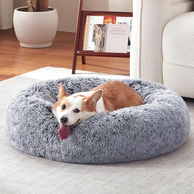 Donut Dog Bed Medium Size Dog, Round Cat Beds for Small Medium Dogs and Cats with Washable Fluffy Faux Fur, Cute Comfort Pet Bed with Anti-Slip Bottom, Grey, 36"