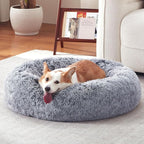 Donut Dog Bed Medium Size Dog, Round Cat Beds for Small Medium Dogs and Cats with Washable Fluffy Faux Fur, Cute Comfort Pet Bed with Anti-Slip Bottom, Grey, 30"