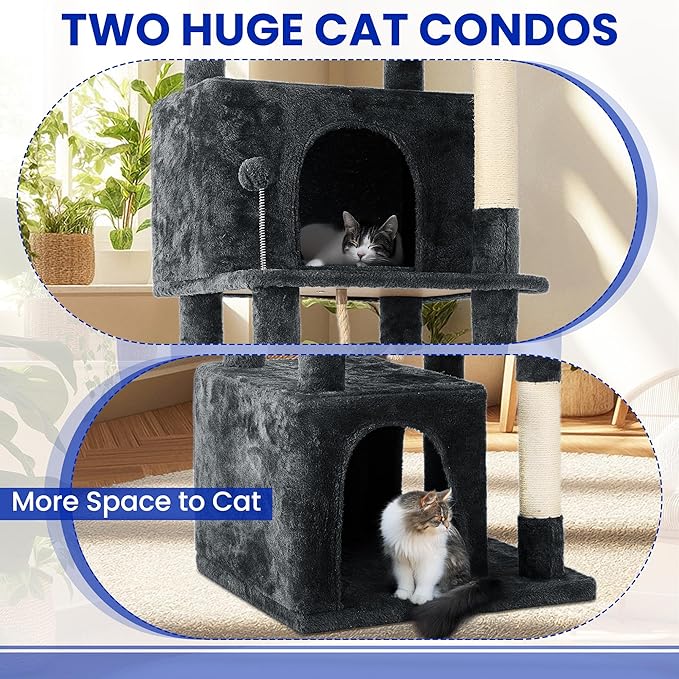 69-Inch Tall Cat Tree with Huge Condos, Multi-Functional Cat Tower with Top Perches, Scratching Posts, Pompoms, for Climbing, Lounging and Playing (Dark Grey)