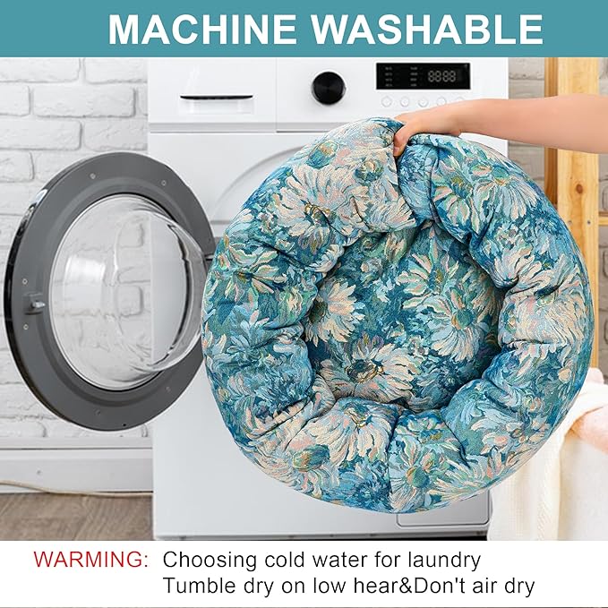 Dog Calming Beds for Small Medium Large Dogs - Round Donut Washable Puppy Dog Bed, Anti-Slip Faux Fur Fluffy Donut Cuddle Anxiety Cat Pet Bed (28" Flower)