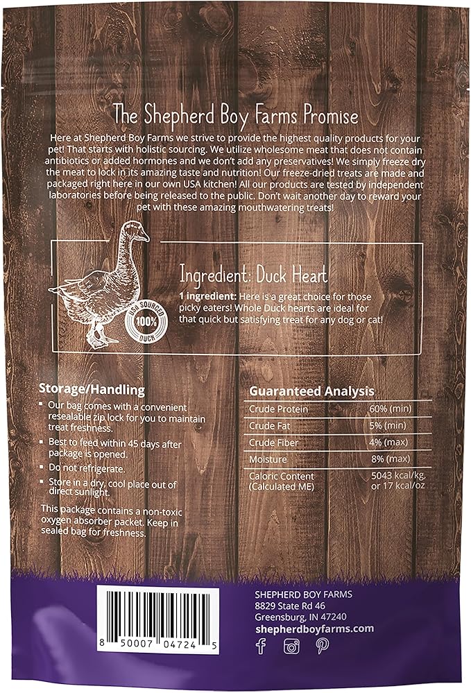 Freeze Dried Dog and Cat Treats, Duck Heart, All Natural Single Ingredient Freeze-Dried Dog Treat & Snacks, Made in USA, High Protein, Essential Nutrition of Raw Food, 8oz