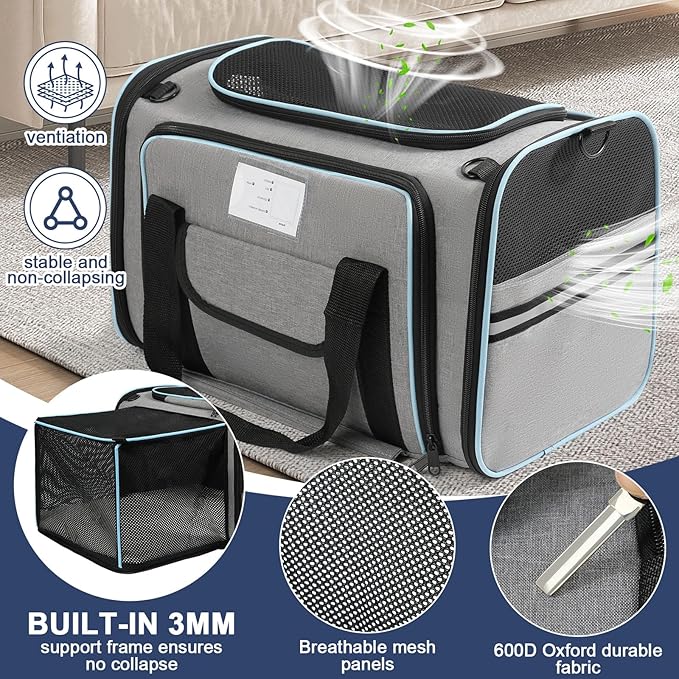 Pet Dog Cat Carrier Soft, Airline Approved Dog Carriers for Small Dogs, Washable Pet Carrier, Large Cat Travel Carriers, Portable TSA Carrier in Cabin, Soft Pet Bag Carrier for Puppy (Grey)