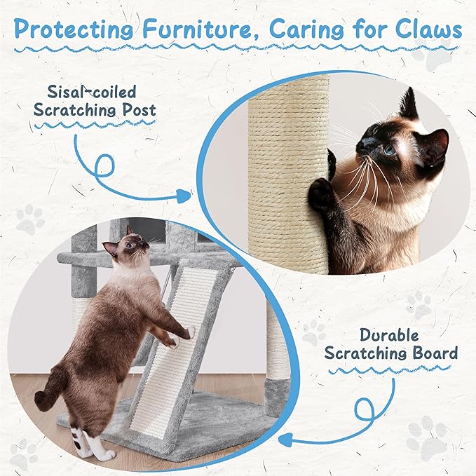 Yaheetech Cat Tree Tower, 40-Inch Condo with Hammock, Oversized Soft Platform, Scratching Board, Basket, Pet Beds & Furniture for Large Kittens, Light Gray