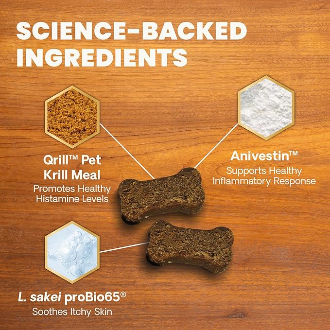 VetriScience Allergy & Itch Support Chews, Skin and Coat Supplement for Dogs, Allergy Chews for Itching, Scratching, and Licking, Support Skin and Immune Health, Duck, 75 Count