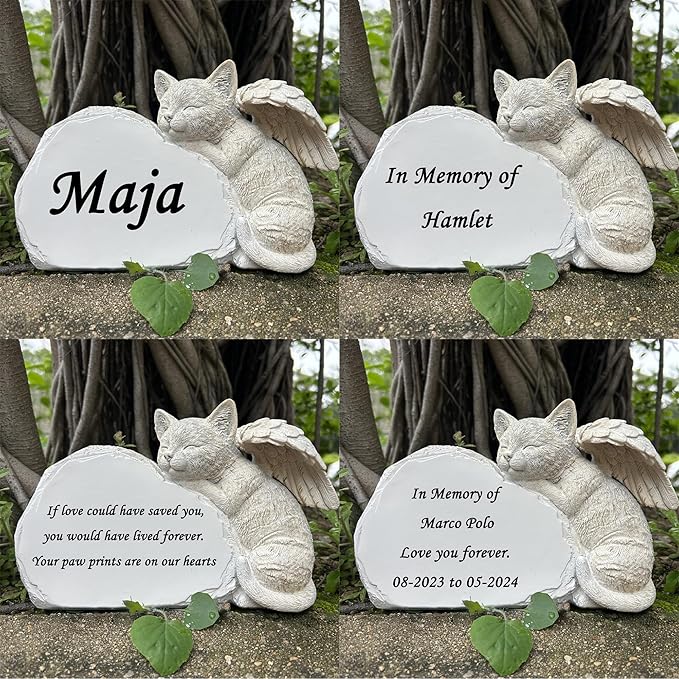Personalized Cat Angel Memorial Garden Statue- Engraved Pet Cat Grave Marker Stone -Customizable Pet Memorial Gift with Any Word.