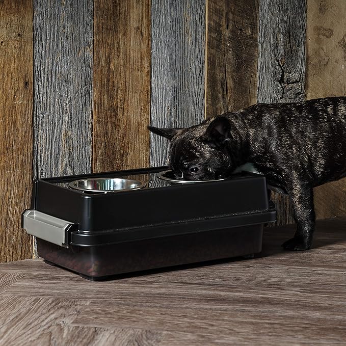 IRIS USA 2-in-1 Elevated Dog Bowls 6" H with Airtight Pet Food Storage Container Holds Up to 5 Lbs, Removable 4 Thick 16 oz Stainless Steel Bowls, at Home or Camping Pet Dish Bowl Set, Smoke/Black