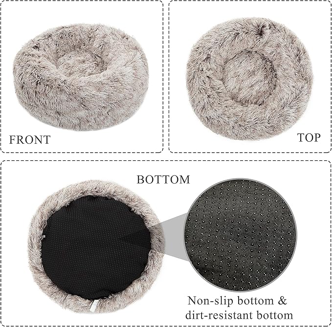 Calming Donut Dog Bed Medium, Plush Round Cuddler Dog & Cat Bed, Anit-Anxiety Marshmellow Fluffy Faux Fur Cushion(24", Brown)